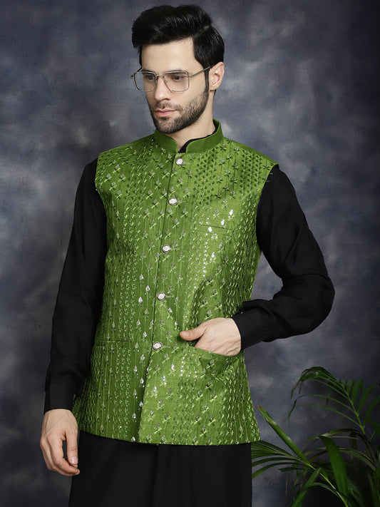 Embroidered and Sequin Nehru Jacket with Solid Kurta Pyjama ( ANMKPWC 592B 7008Mehndi )