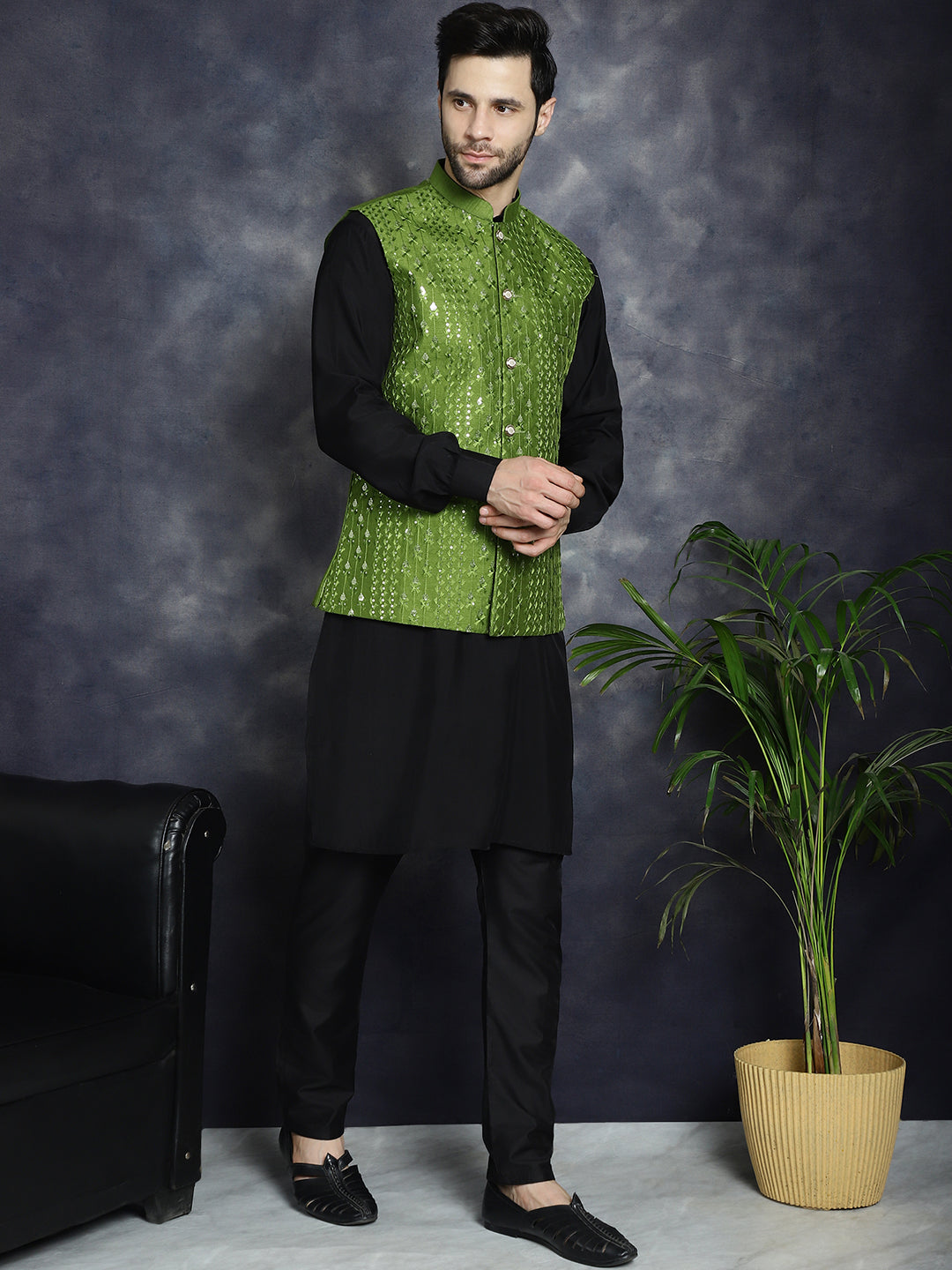 Embroidered and Sequin Nehru Jacket with Solid Kurta Pyjama ( ANMKPWC 592B 7008Mehndi )