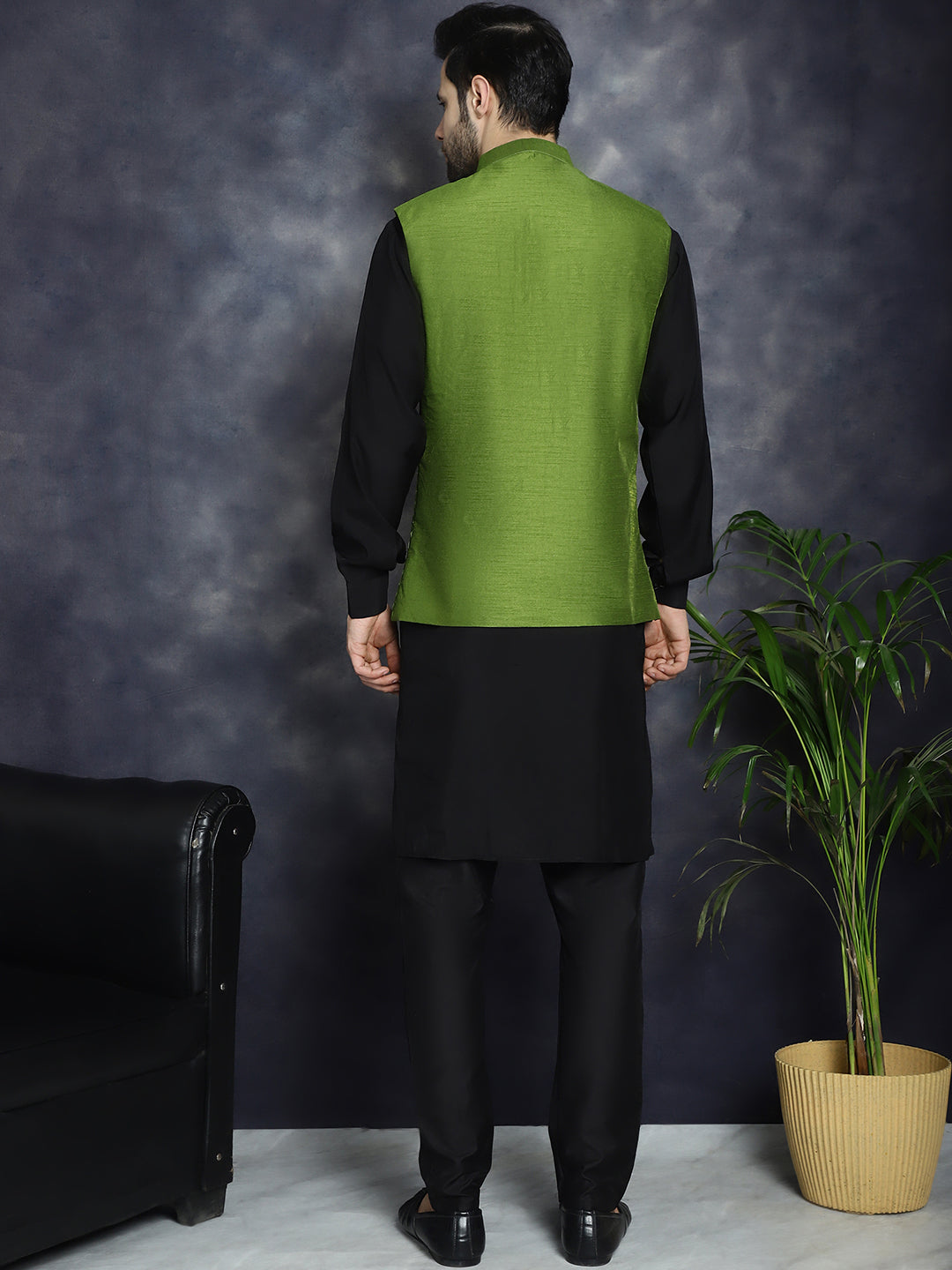 Embroidered and Sequin Nehru Jacket with Solid Kurta Pyjama ( ANMKPWC 592B 7008Mehndi )