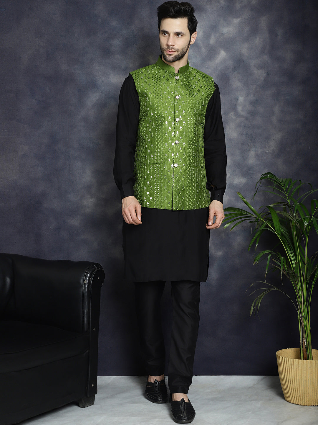 Embroidered and Sequin Nehru Jacket with Solid Kurta Pyjama ( ANMKPWC 592B 7008Mehndi )