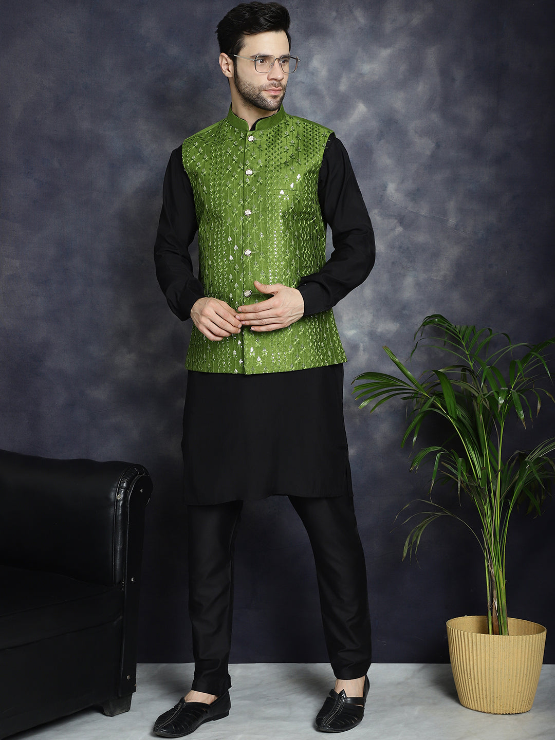 Embroidered and Sequin Nehru Jacket with Solid Kurta Pyjama ( ANMKPWC 592B 7008Mehndi )