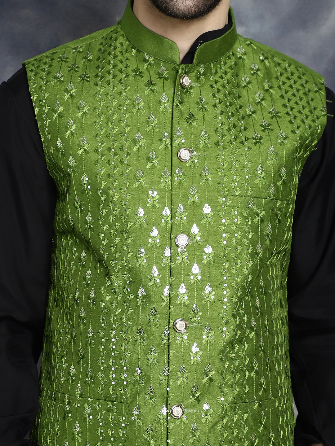Embroidered and Sequin Nehru Jacket with Solid Kurta Pyjama ( ANMKPWC 592B 7008Mehndi )