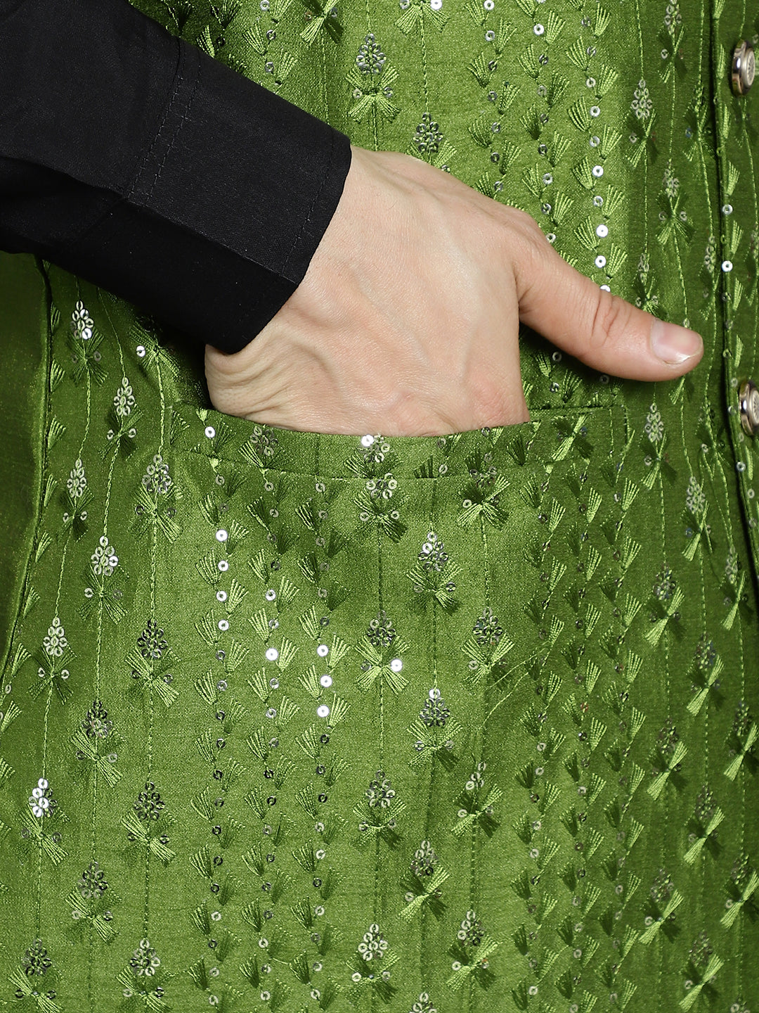 Embroidered and Sequin Nehru Jacket with Solid Kurta Pyjama ( ANMKPWC 592B 7008Mehndi )