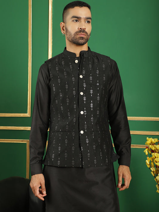 Embroidered and Sequin Nehru Jacket with Solid Kurta Pyjama ( ANMKPWC 592B 7011Black )