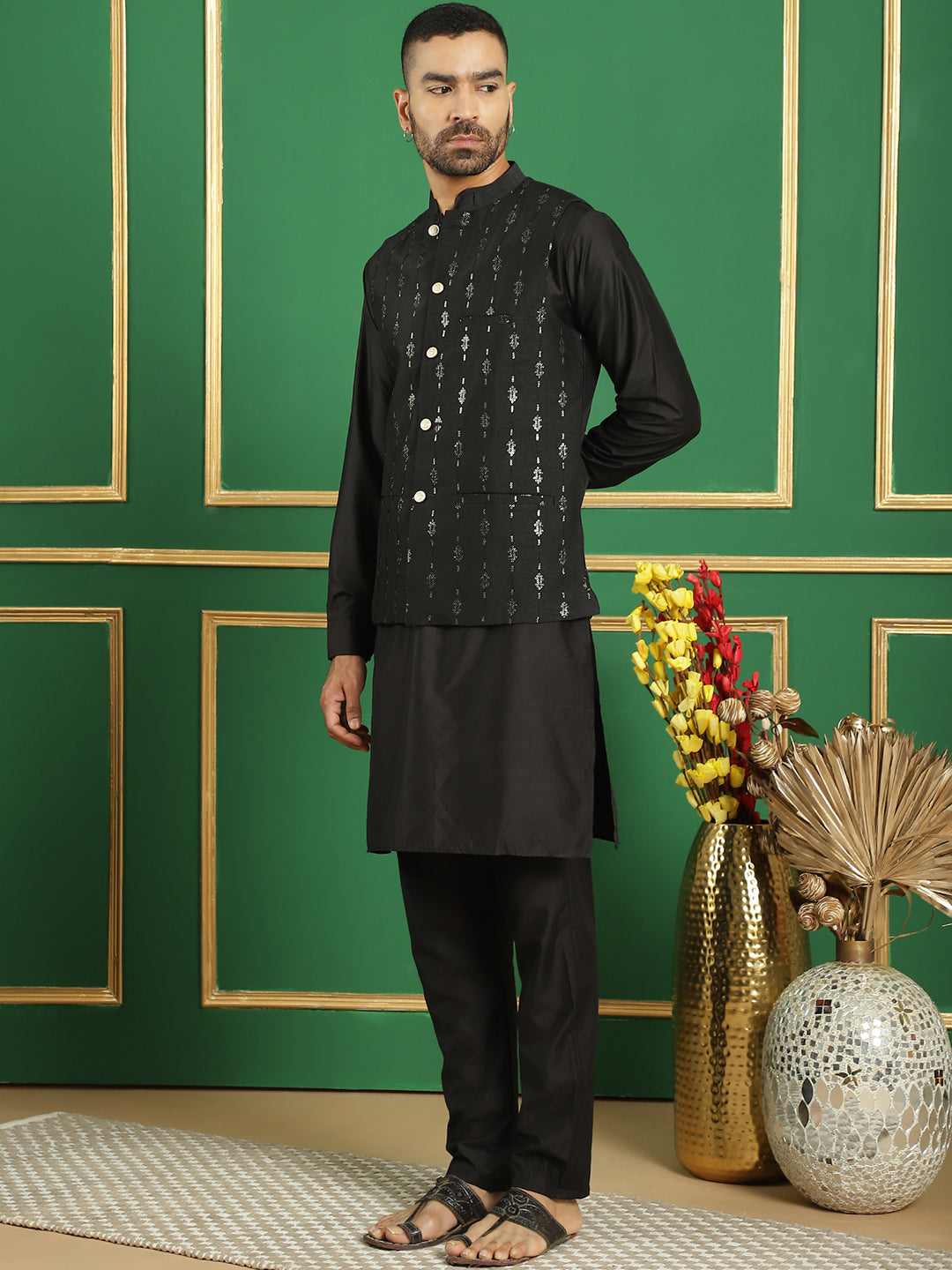 Embroidered and Sequin Nehru Jacket with Solid Kurta Pyjama ( ANMKPWC 592B 7011Black )