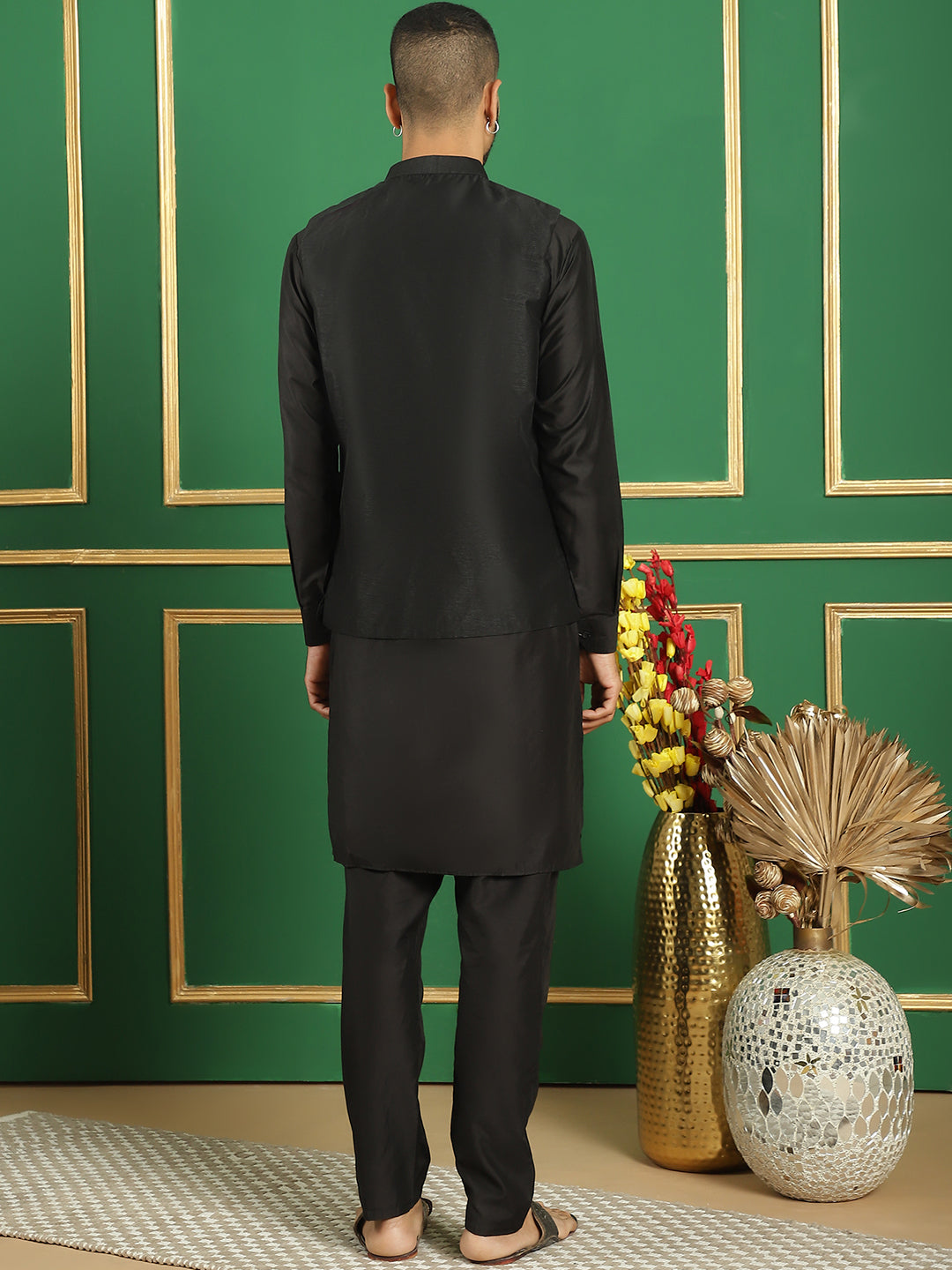 Embroidered and Sequin Nehru Jacket with Solid Kurta Pyjama ( ANMKPWC 592B 7011Black )