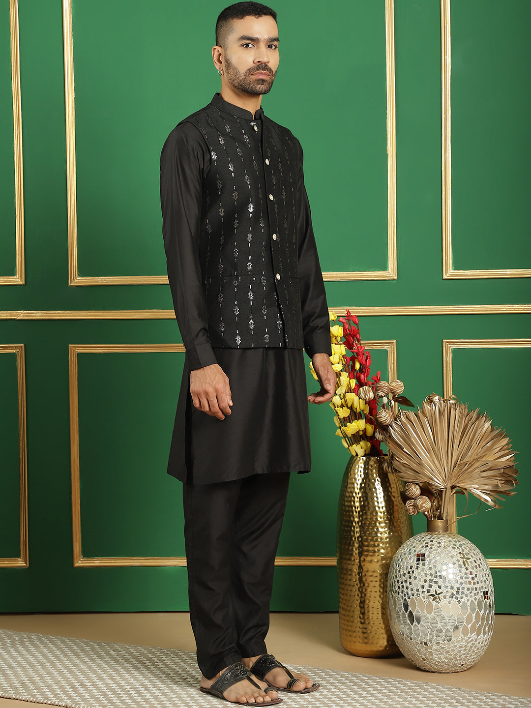 Embroidered and Sequin Nehru Jacket with Solid Kurta Pyjama ( ANMKPWC 592B 7011Black )