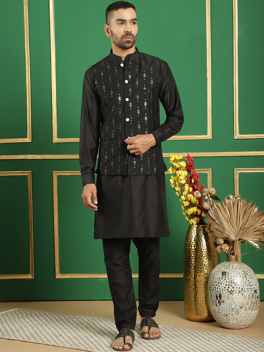Embroidered and Sequin Nehru Jacket with Solid Kurta Pyjama ( ANMKPWC 592B 7011Black )