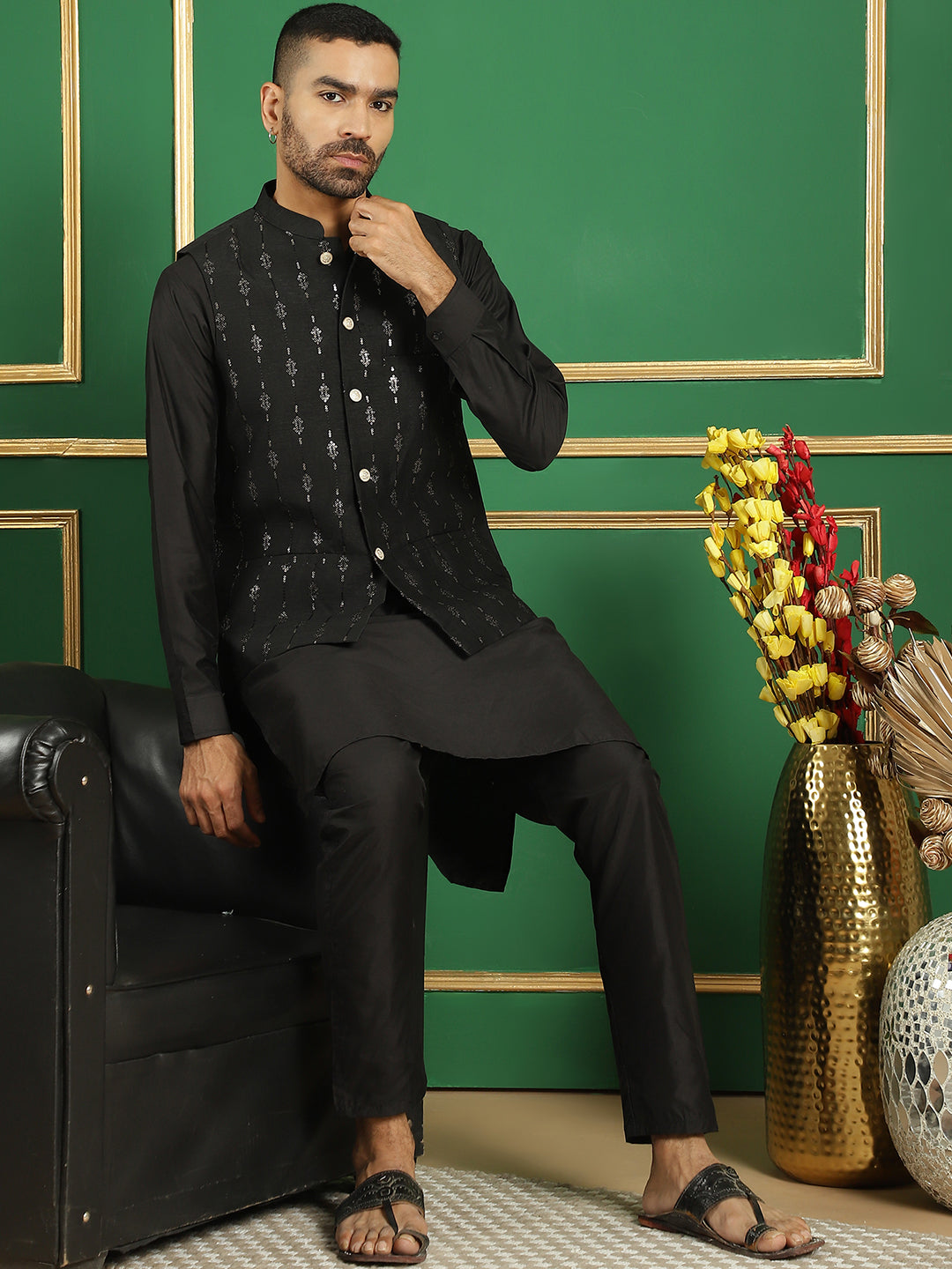Embroidered and Sequin Nehru Jacket with Solid Kurta Pyjama ( ANMKPWC 592B 7011Black )