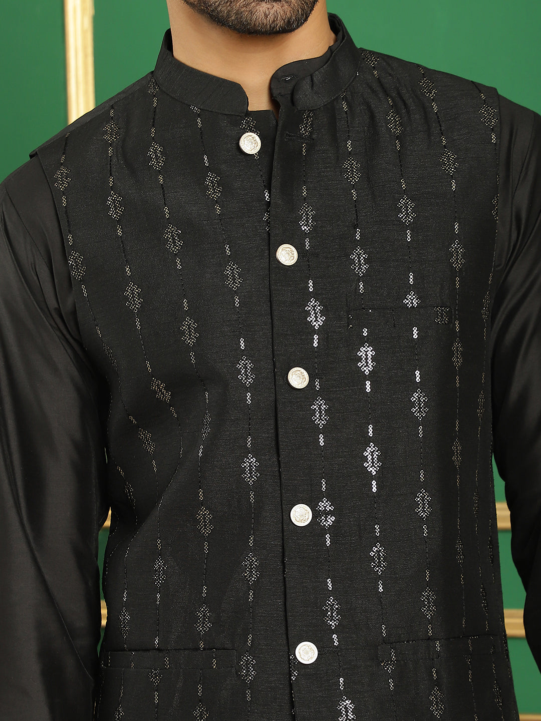 Embroidered and Sequin Nehru Jacket with Solid Kurta Pyjama ( ANMKPWC 592B 7011Black )