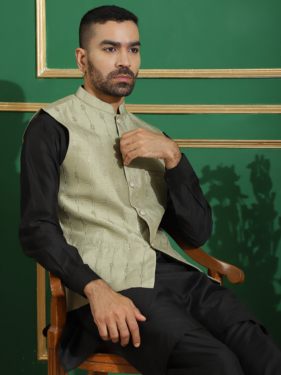 Embroidered and Sequin Nehru Jacket with Solid Kurta Pyjama ( ANMKPWC 592B 7011Pista )