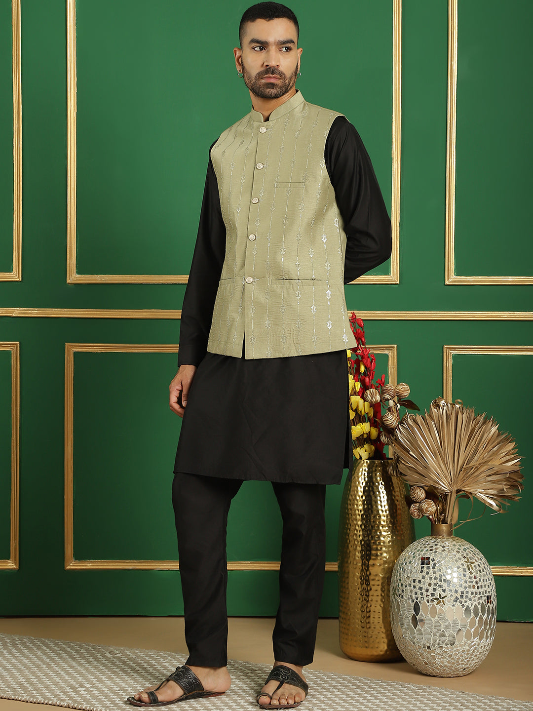 Embroidered and Sequin Nehru Jacket with Solid Kurta Pyjama ( ANMKPWC 592B 7011Pista )