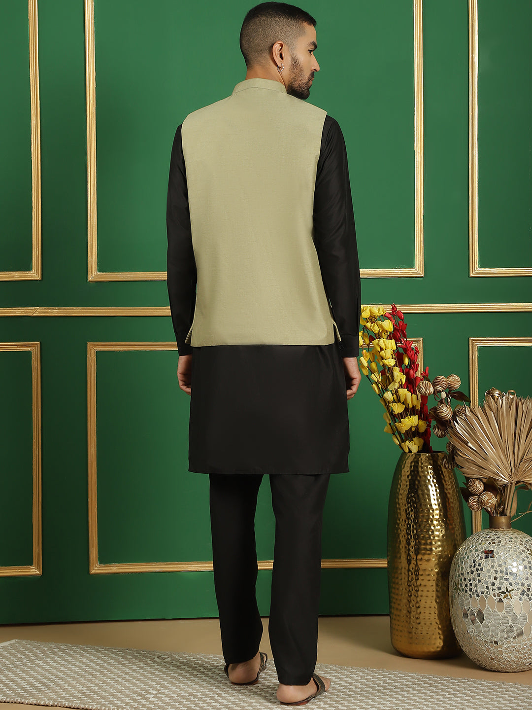 Embroidered and Sequin Nehru Jacket with Solid Kurta Pyjama ( ANMKPWC 592B 7011Pista )