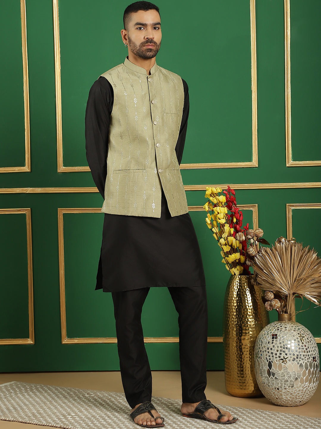Embroidered and Sequin Nehru Jacket with Solid Kurta Pyjama ( ANMKPWC 592B 7011Pista )