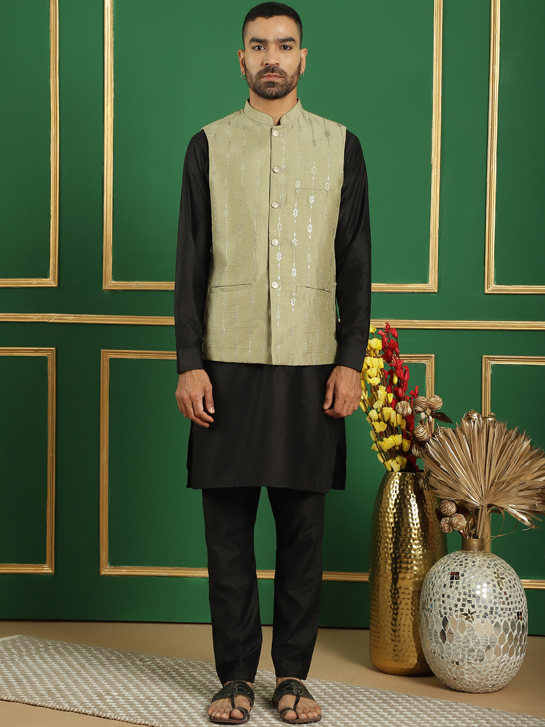 Embroidered and Sequin Nehru Jacket with Solid Kurta Pyjama ( ANMKPWC 592B 7011Pista )