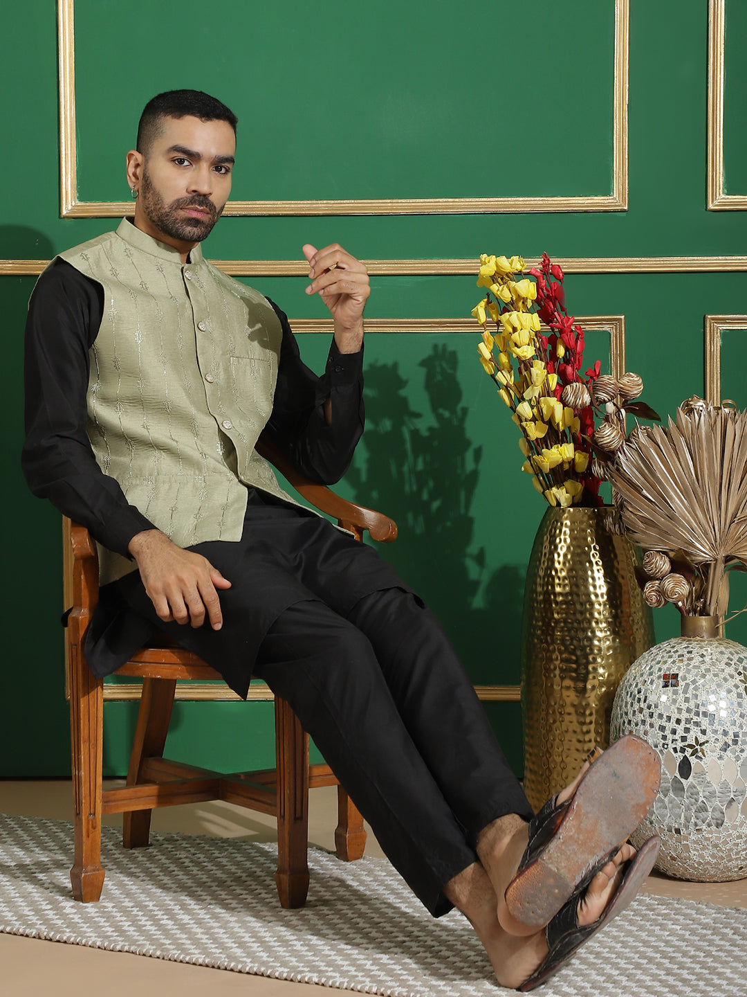 Embroidered and Sequin Nehru Jacket with Solid Kurta Pyjama ( ANMKPWC 592B 7011Pista )