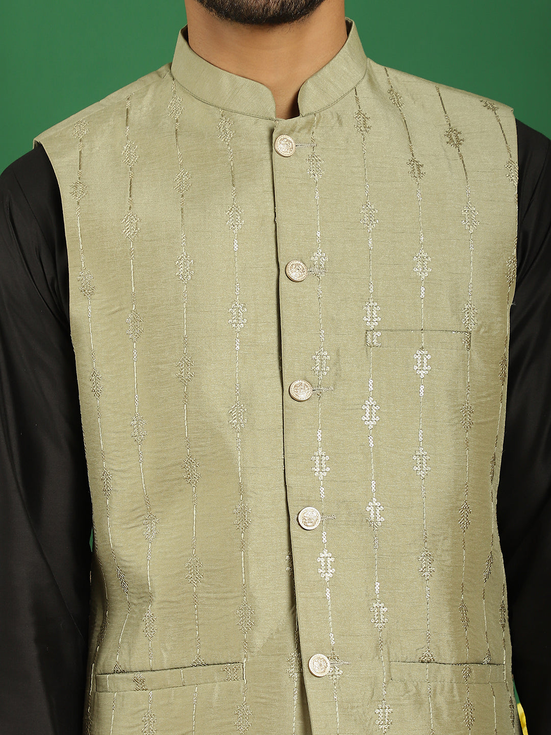 Embroidered and Sequin Nehru Jacket with Solid Kurta Pyjama ( ANMKPWC 592B 7011Pista )