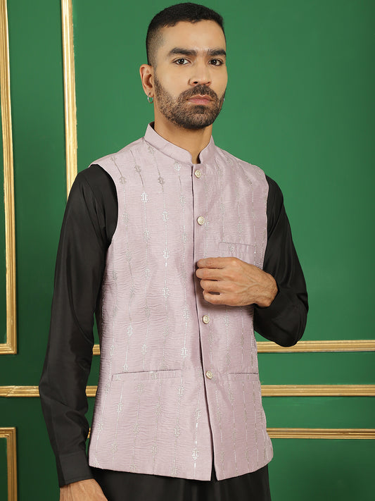 Embroidered and Sequin Nehru Jacket with Solid Kurta Pyjama ( ANMKPWC 592B 7011Purple )