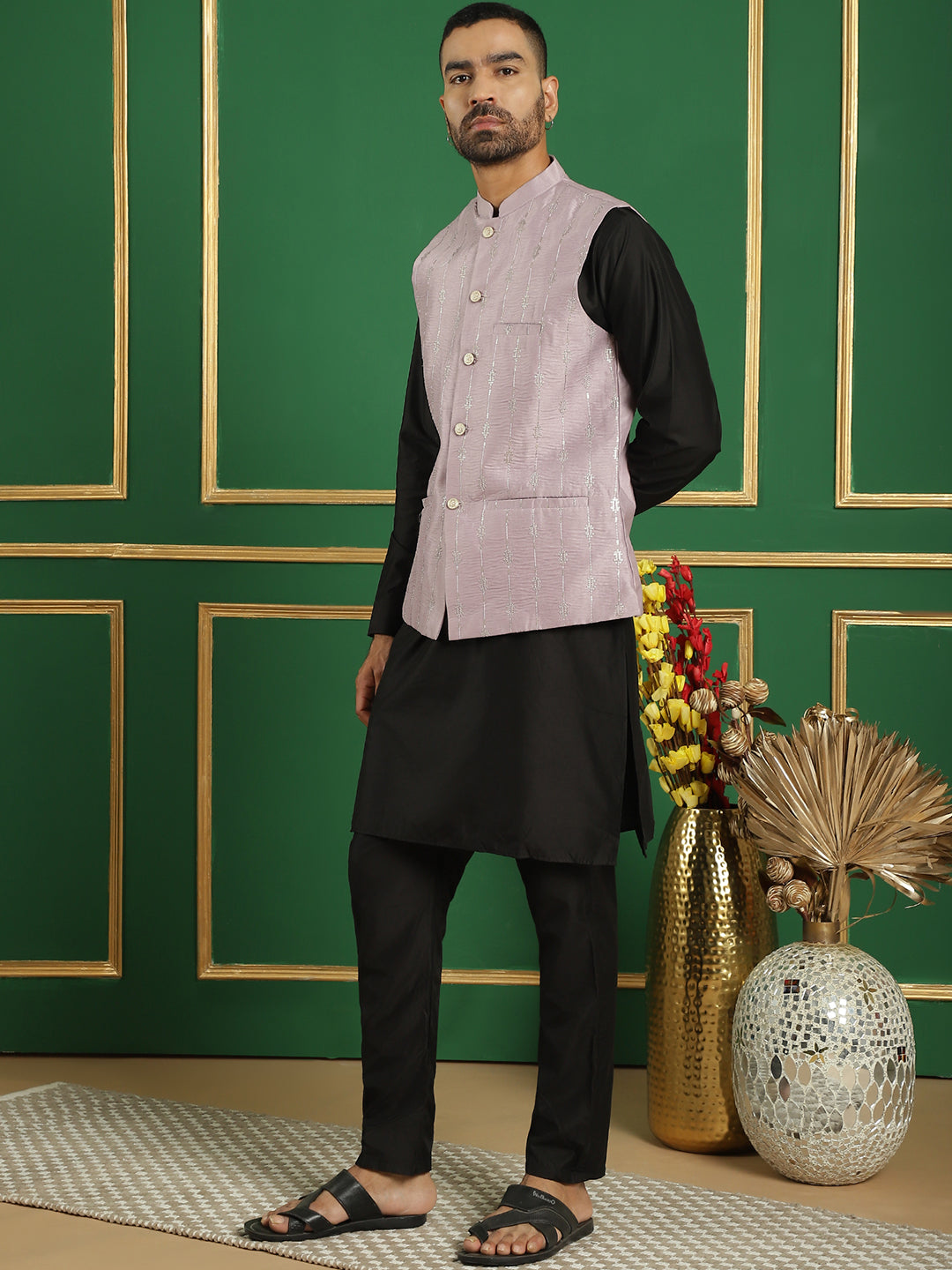 Embroidered and Sequin Nehru Jacket with Solid Kurta Pyjama ( ANMKPWC 592B 7011Purple )