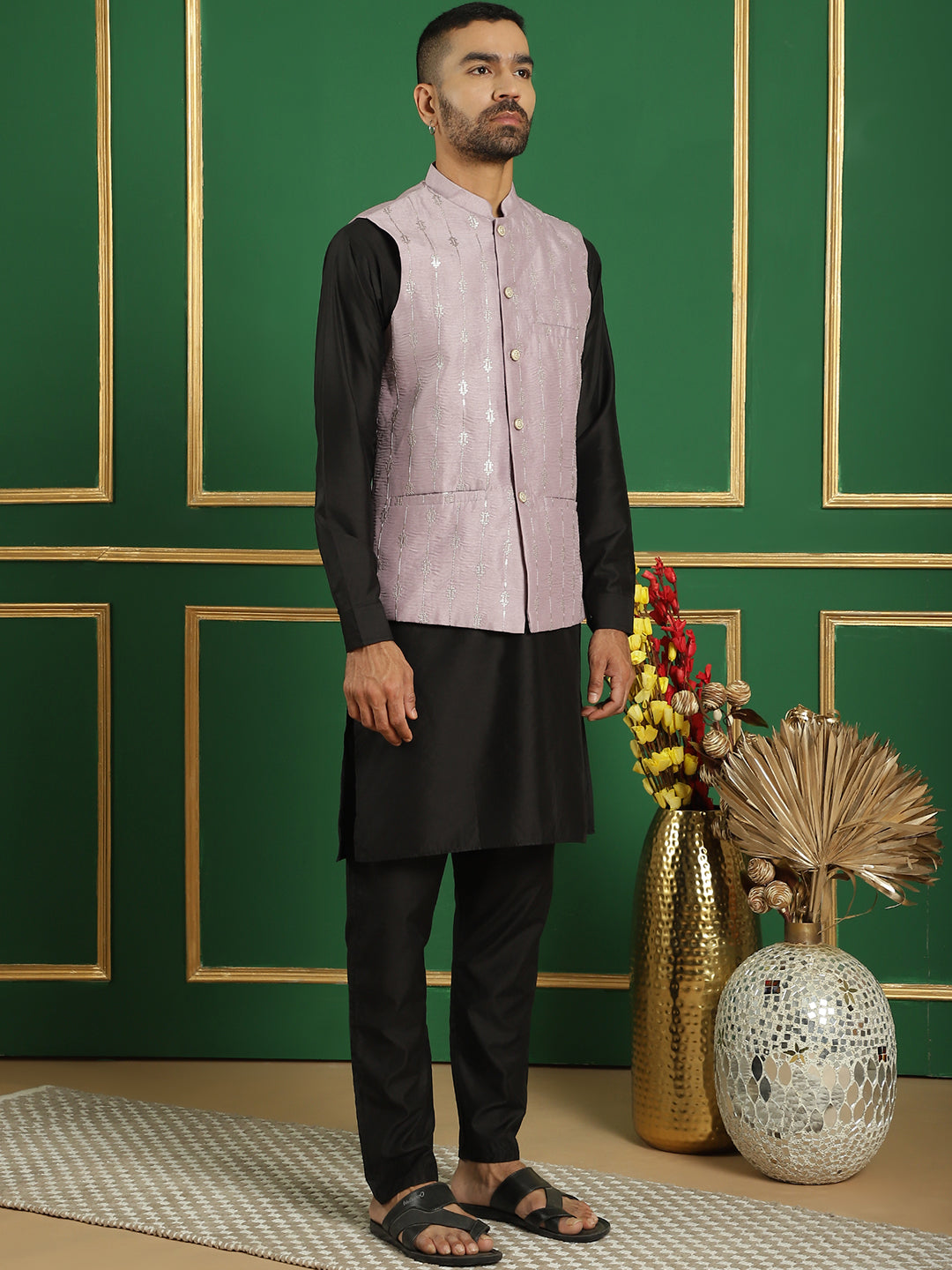 Embroidered and Sequin Nehru Jacket with Solid Kurta Pyjama ( ANMKPWC 592B 7011Purple )