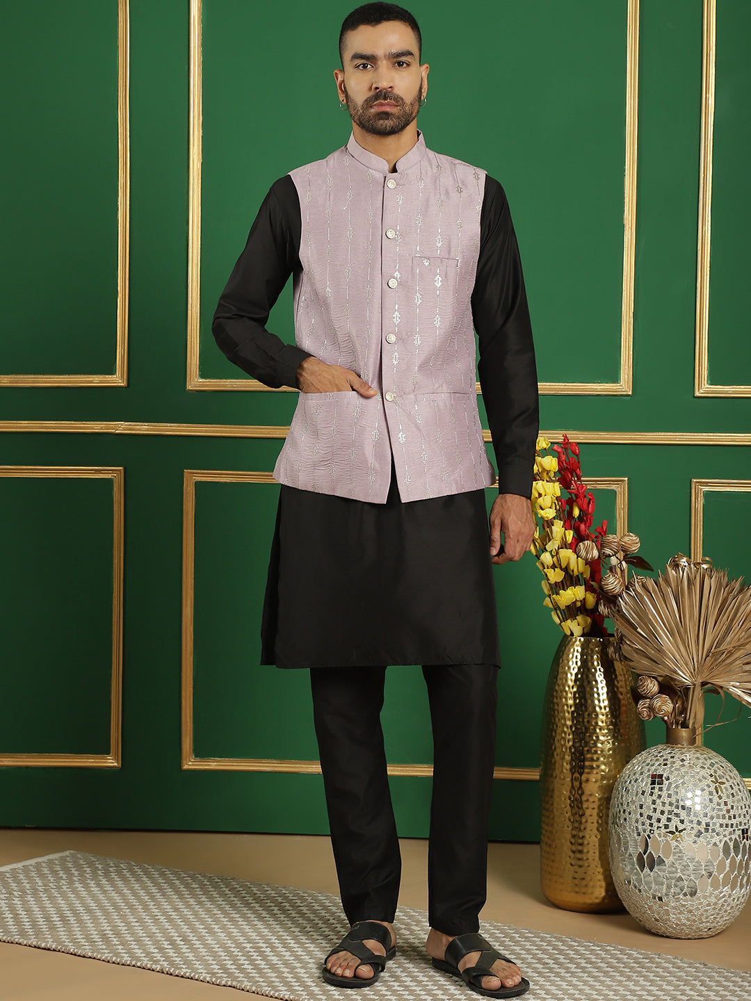Embroidered and Sequin Nehru Jacket with Solid Kurta Pyjama ( ANMKPWC 592B 7011Purple )