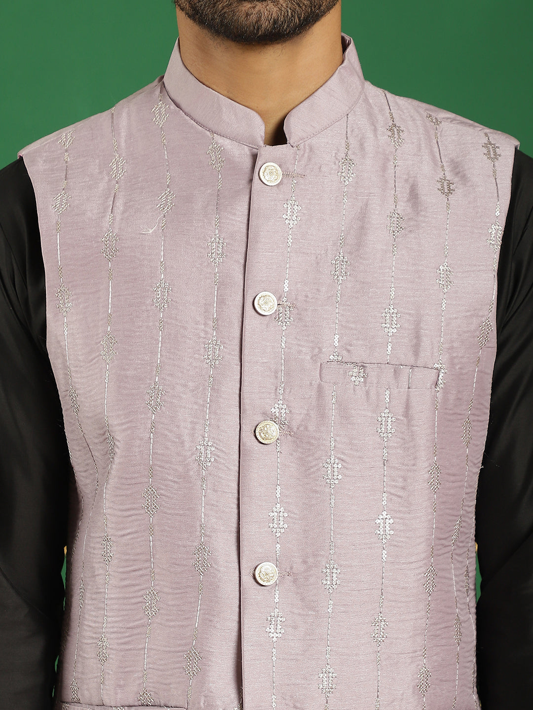 Embroidered and Sequin Nehru Jacket with Solid Kurta Pyjama ( ANMKPWC 592B 7011Purple )