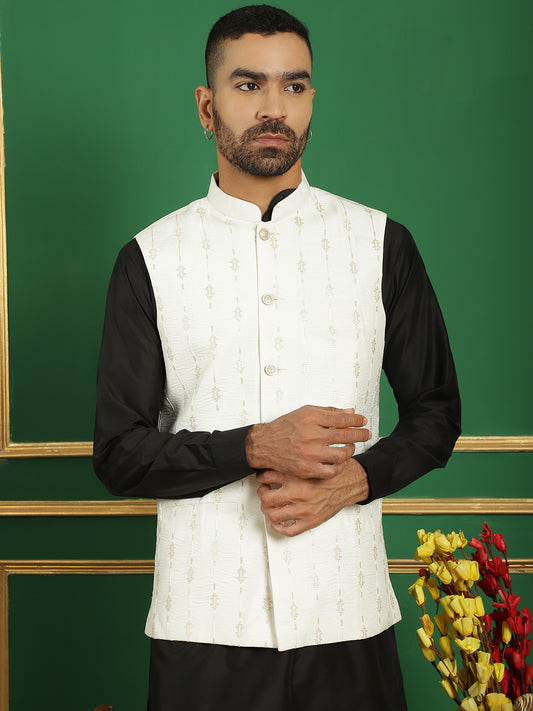 Embroidered and Sequin Nehru Jacket with Solid Kurta Pyjama ( ANMKPWC 592B 7011White )