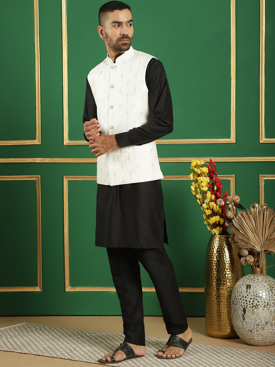 Embroidered and Sequin Nehru Jacket with Solid Kurta Pyjama ( ANMKPWC 592B 7011White )
