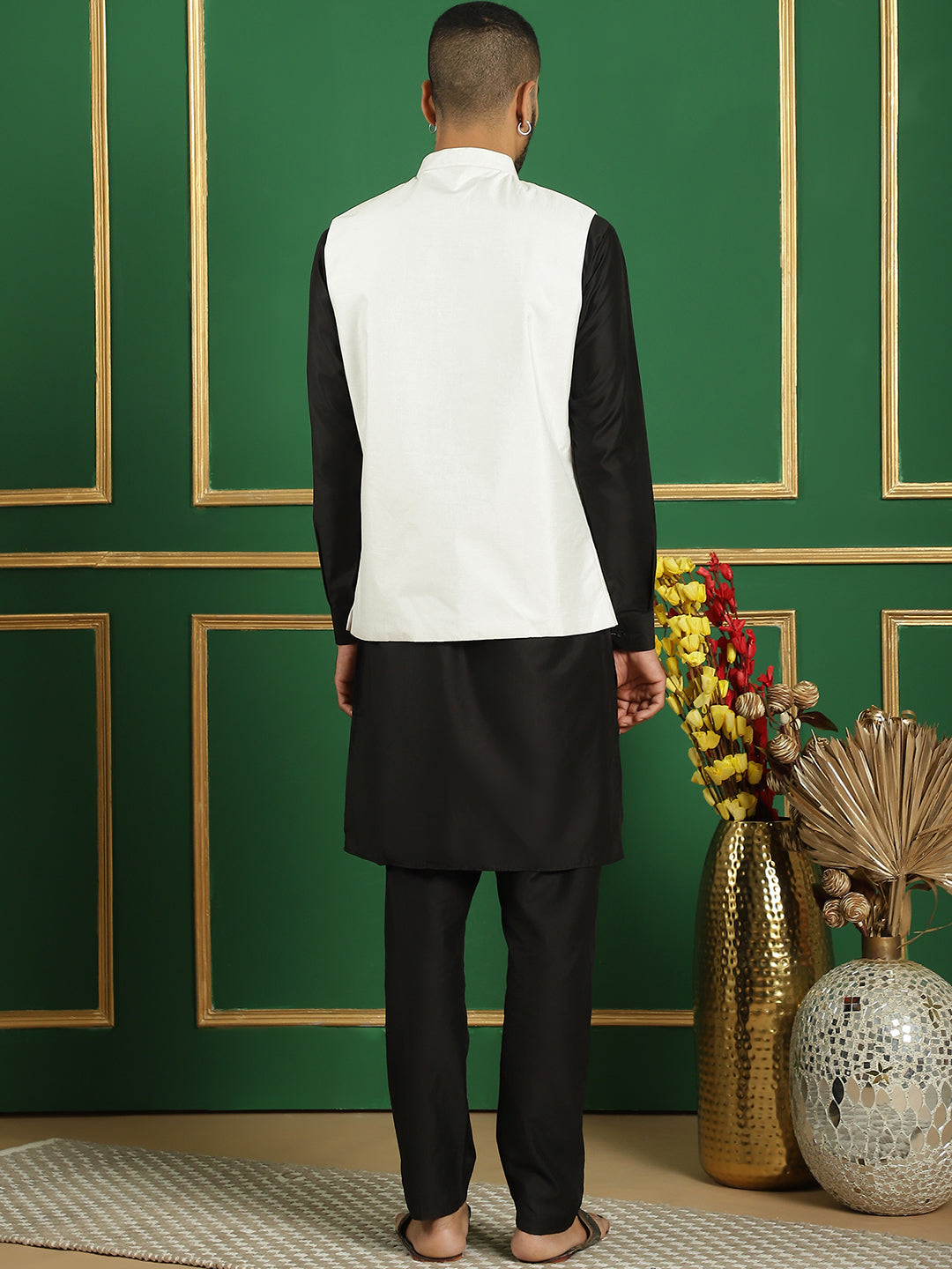 Embroidered and Sequin Nehru Jacket with Solid Kurta Pyjama ( ANMKPWC 592B 7011White )