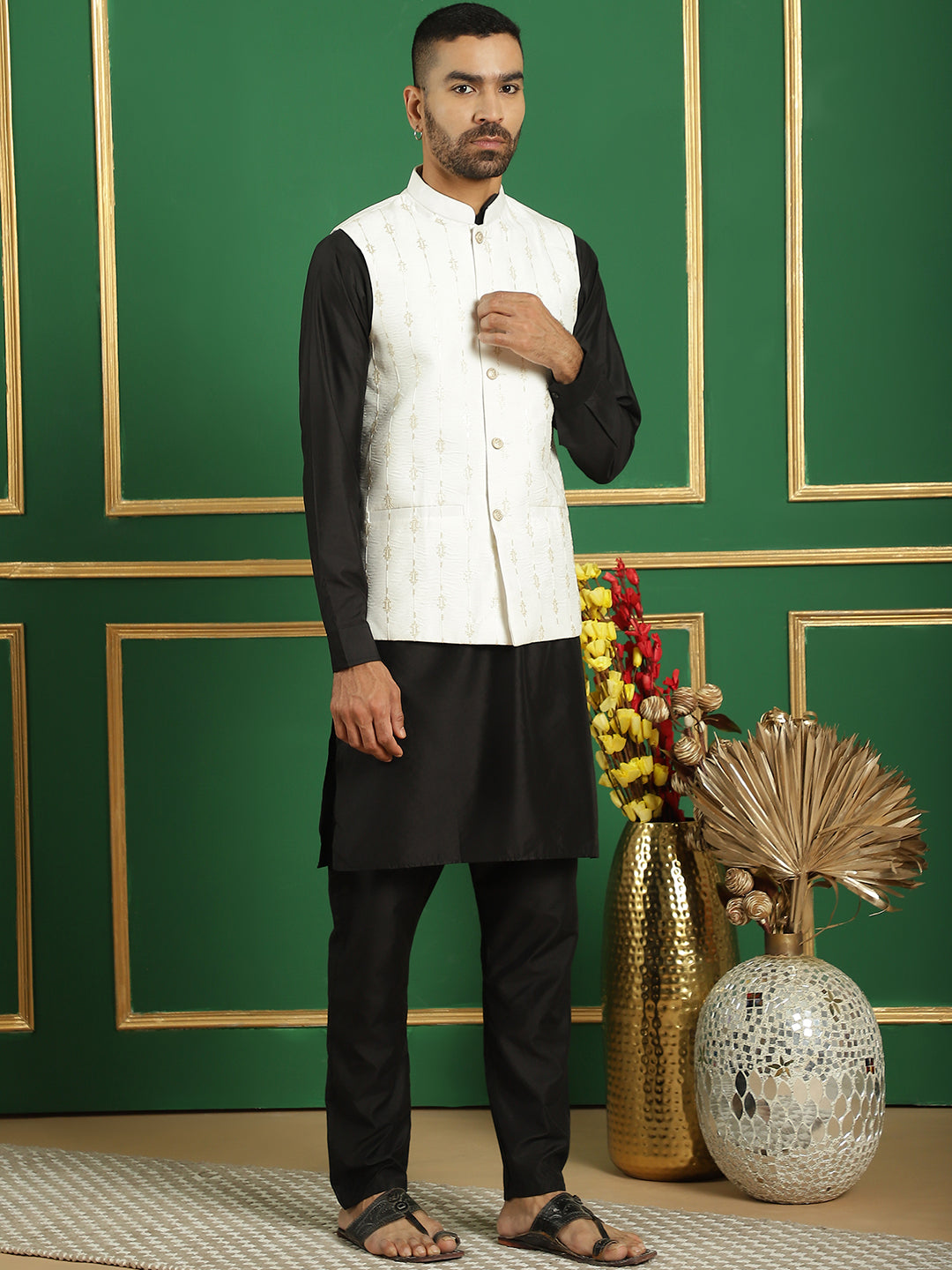 Embroidered and Sequin Nehru Jacket with Solid Kurta Pyjama ( ANMKPWC 592B 7011White )
