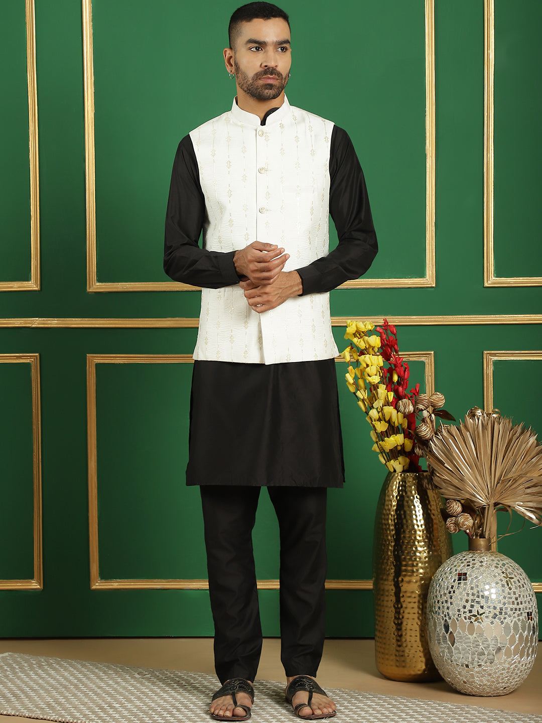 Embroidered and Sequin Nehru Jacket with Solid Kurta Pyjama ( ANMKPWC 592B 7011White )