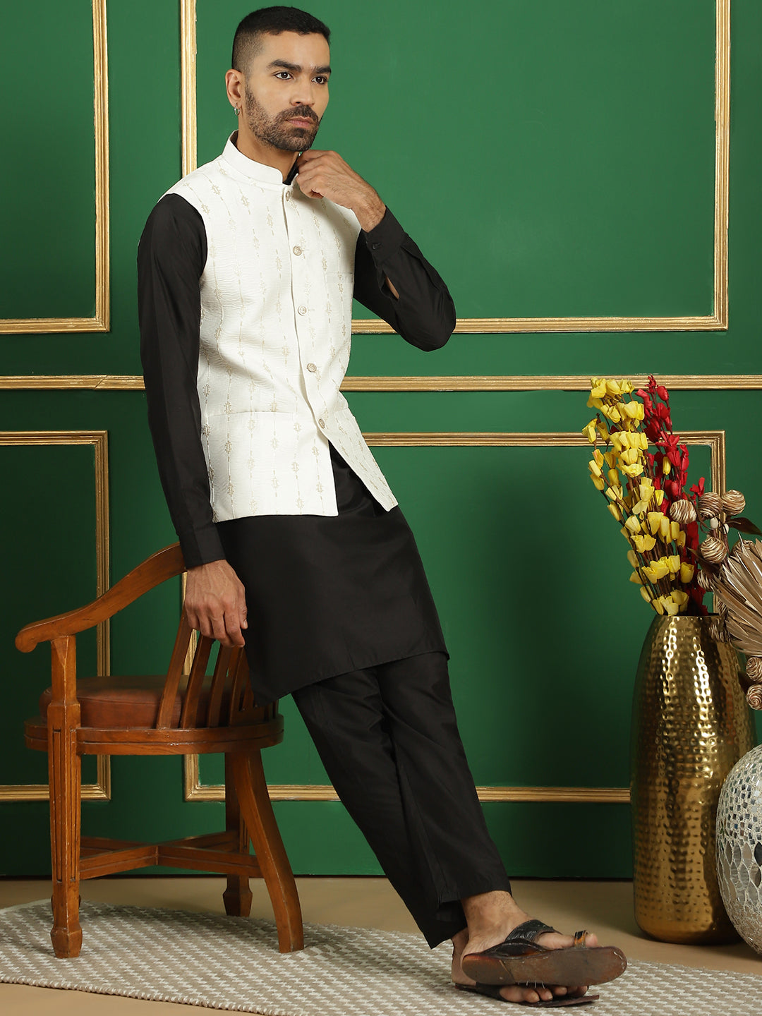 Embroidered and Sequin Nehru Jacket with Solid Kurta Pyjama ( ANMKPWC 592B 7011White )