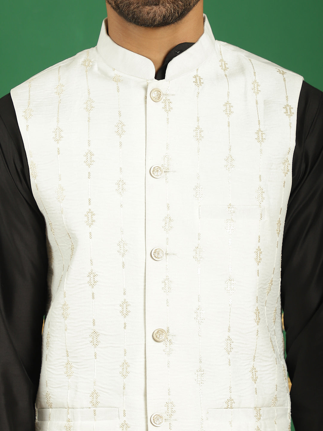 Embroidered and Sequin Nehru Jacket with Solid Kurta Pyjama ( ANMKPWC 592B 7011White )
