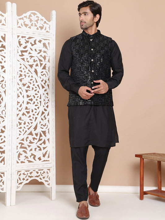 Men's Velvet Nehru Jacket With Solid Kurta Pyjama ( ANMKPWC 592B 7017Black )
