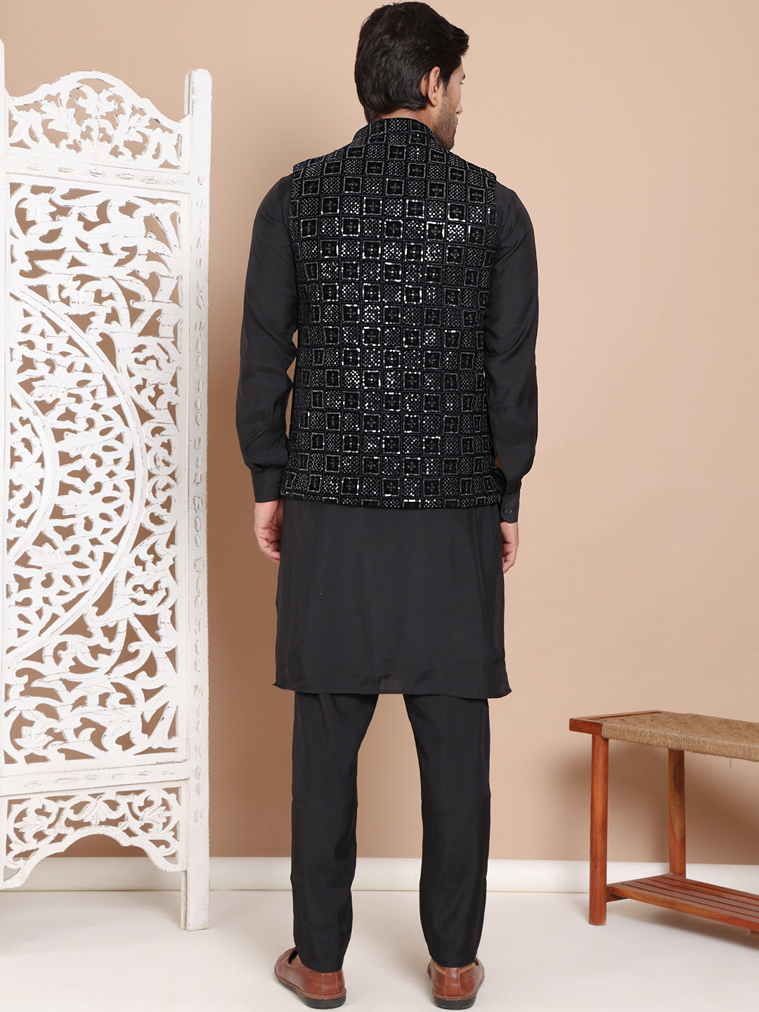 Men's Velvet Nehru Jacket With Solid Kurta Pyjama ( ANMKPWC 592B 7017Black )