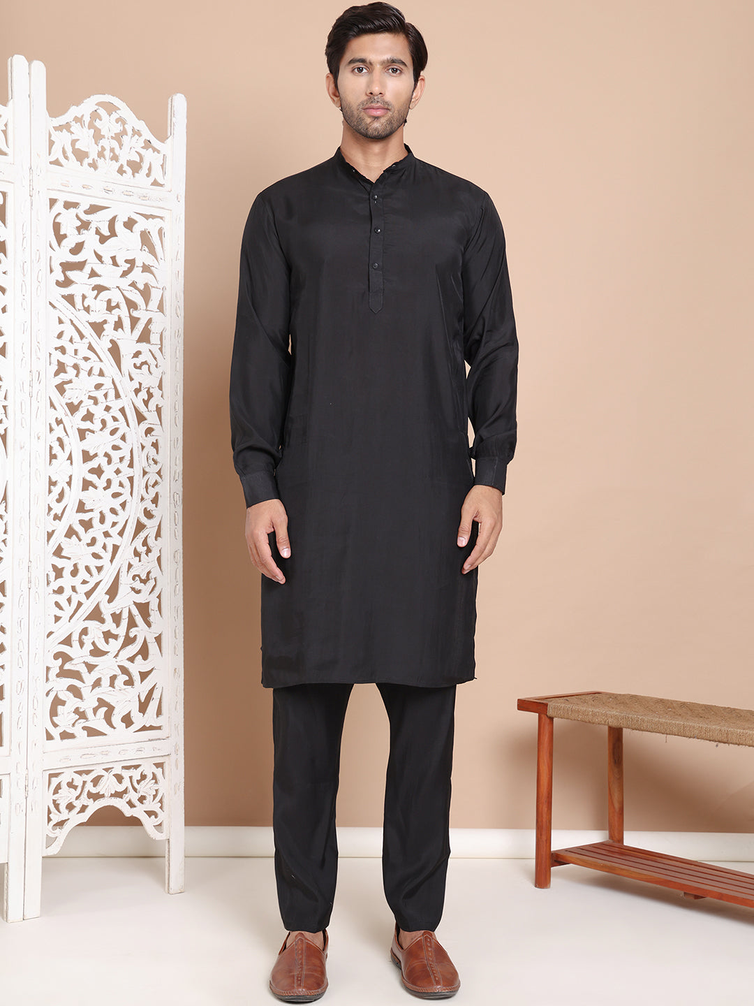 Men's Velvet Nehru Jacket With Solid Kurta Pyjama ( ANMKPWC 592B 7017Black )