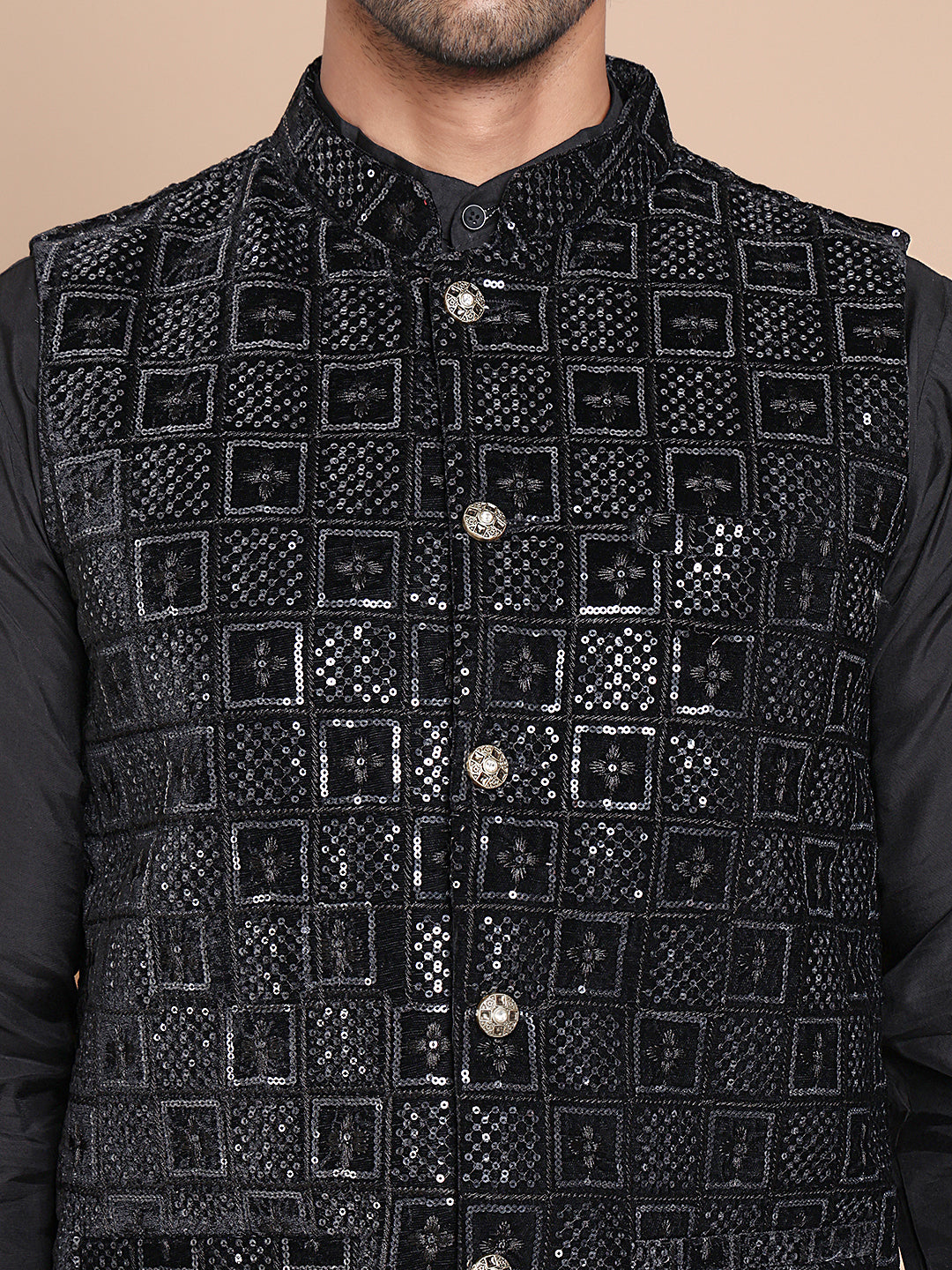 Men's Velvet Nehru Jacket With Solid Kurta Pyjama ( ANMKPWC 592B 7017Black )