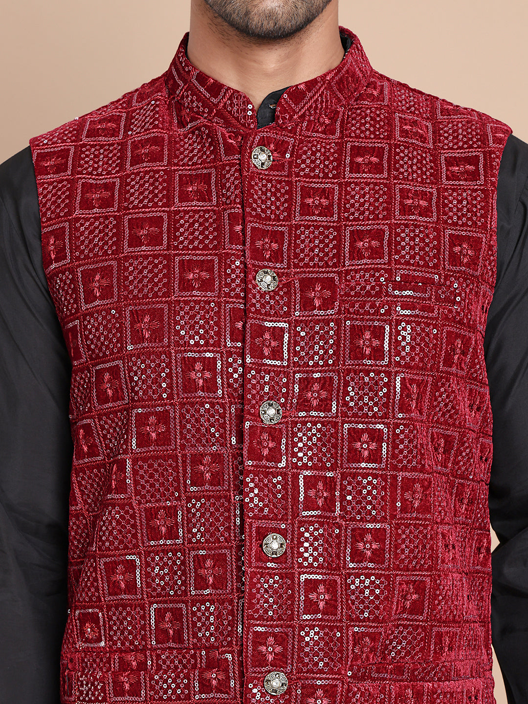 Men's Velvet Nehru Jacket With Solid Kurta Pyjama ( ANMKPWC 592B 7017Maroon )