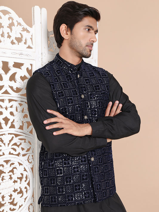Men's Velvet Nehru Jacket With Solid Kurta Pyjama ( ANMKPWC 592B 7017Navy )