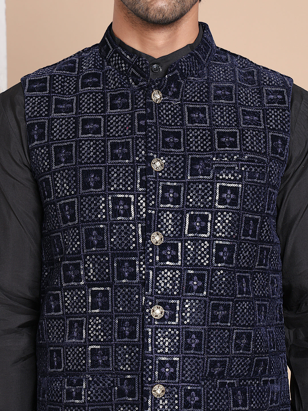Men's Velvet Nehru Jacket With Solid Kurta Pyjama ( ANMKPWC 592B 7017Navy )