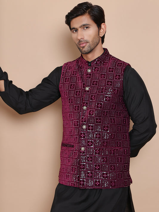 Men's Velvet Nehru Jacket With Solid Kurta Pyjama ( ANMKPWC 592B 7017Purple )