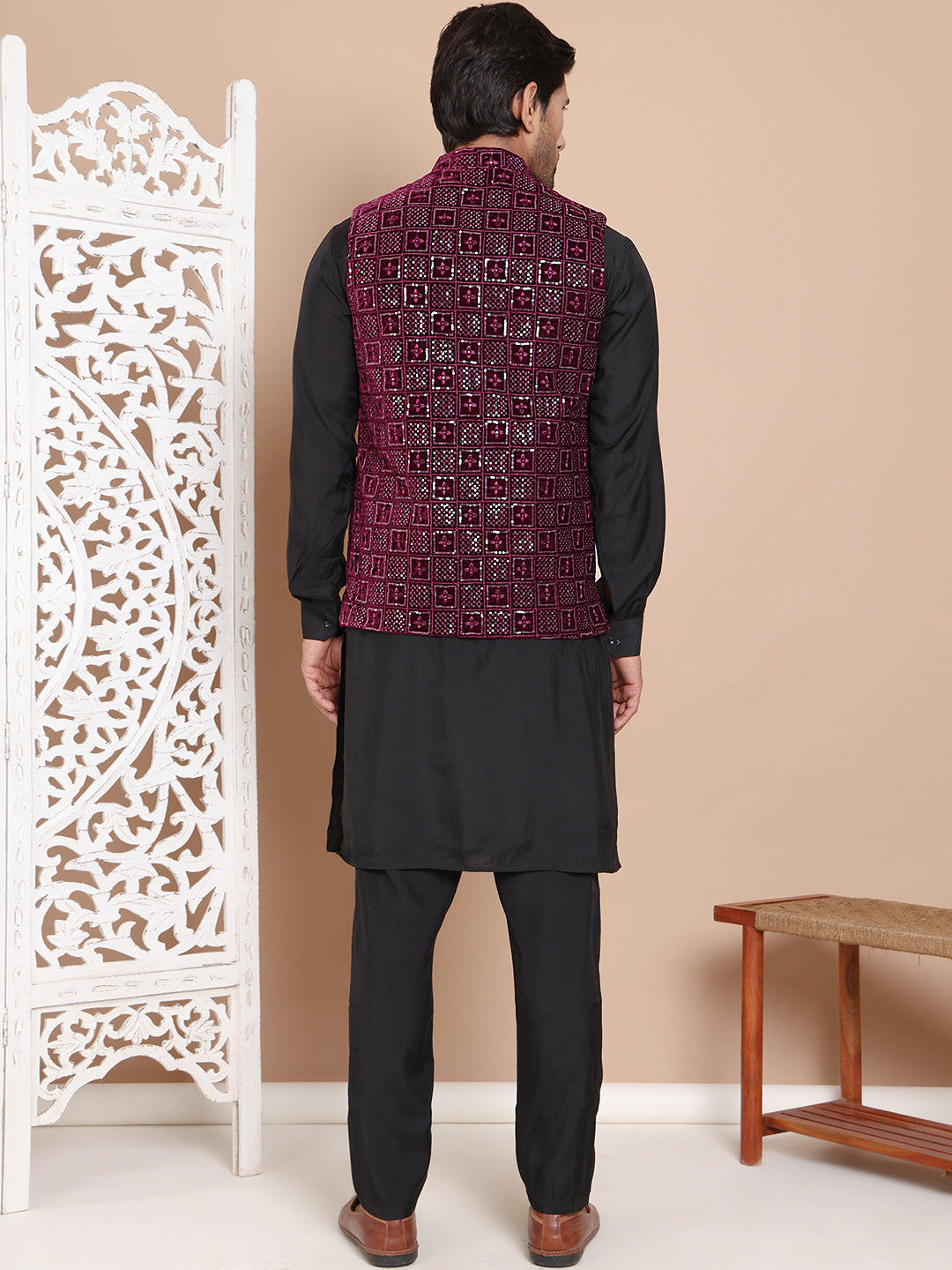 Men's Velvet Nehru Jacket With Solid Kurta Pyjama ( ANMKPWC 592B 7017Purple )