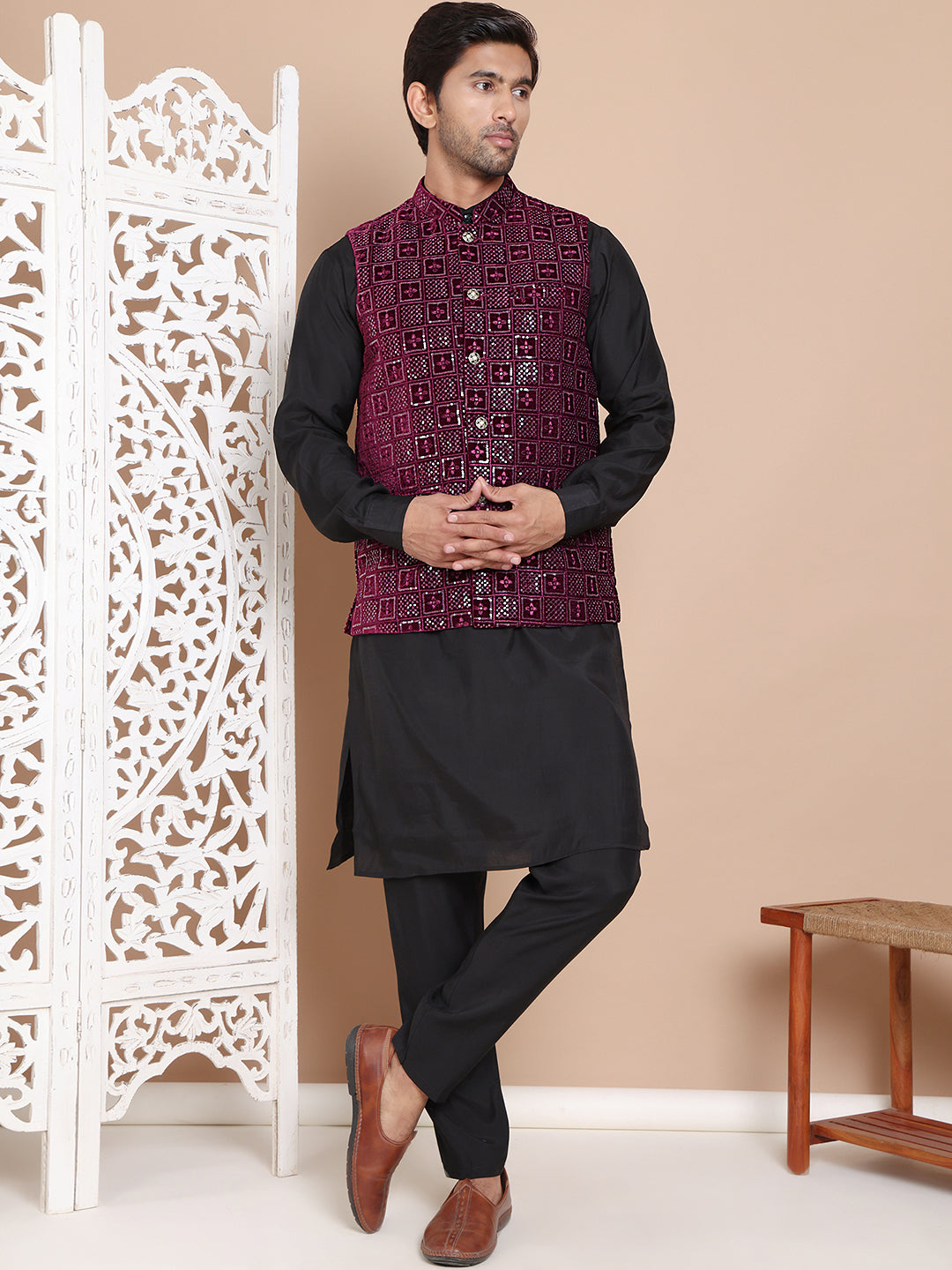 Men's Velvet Nehru Jacket With Solid Kurta Pyjama ( ANMKPWC 592B 7017Purple )