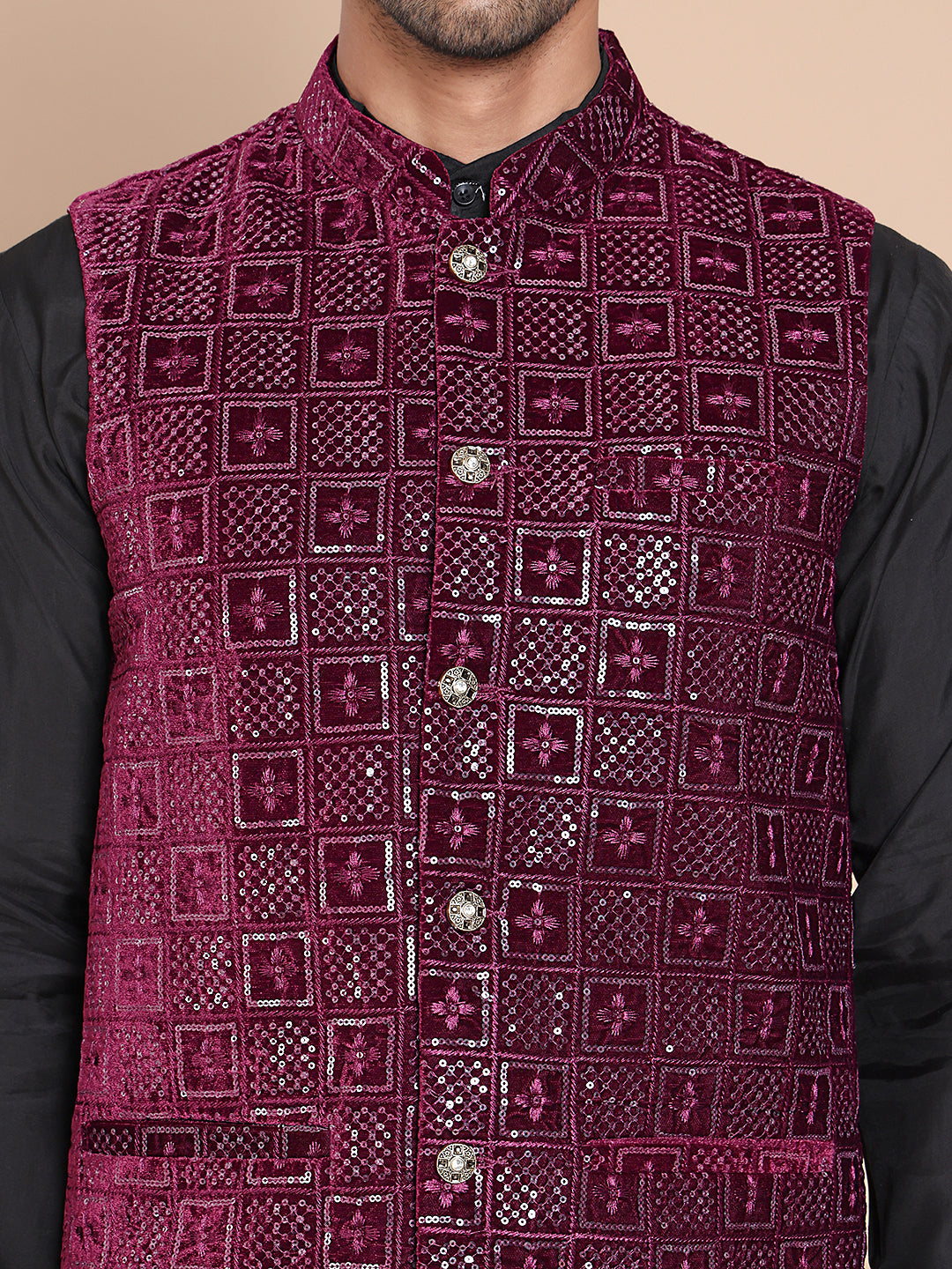Men's Velvet Nehru Jacket With Solid Kurta Pyjama ( ANMKPWC 592B 7017Purple )