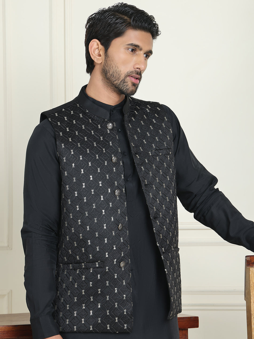 Embroidered Nehru Jacket With Solid Kurta Pyjama ( ANMKPWC 592B 7021Black  )