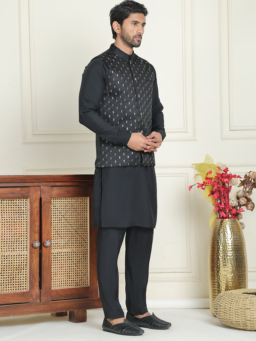 Embroidered Nehru Jacket With Solid Kurta Pyjama ( ANMKPWC 592B 7021Black  )