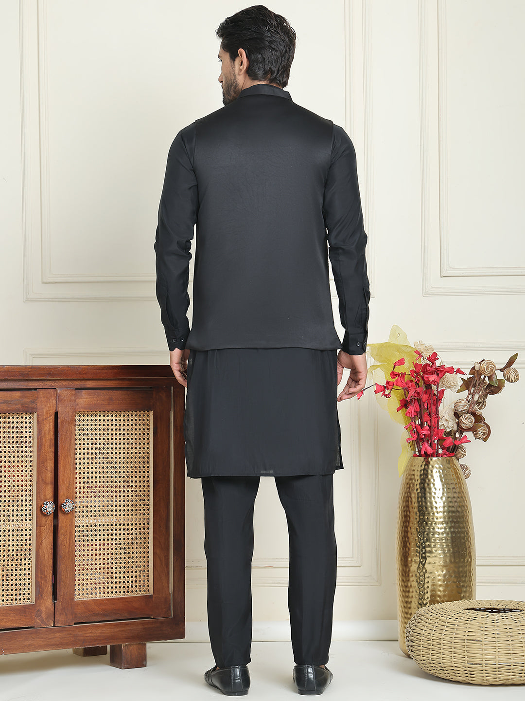 Embroidered Nehru Jacket With Solid Kurta Pyjama ( ANMKPWC 592B 7021Black  )