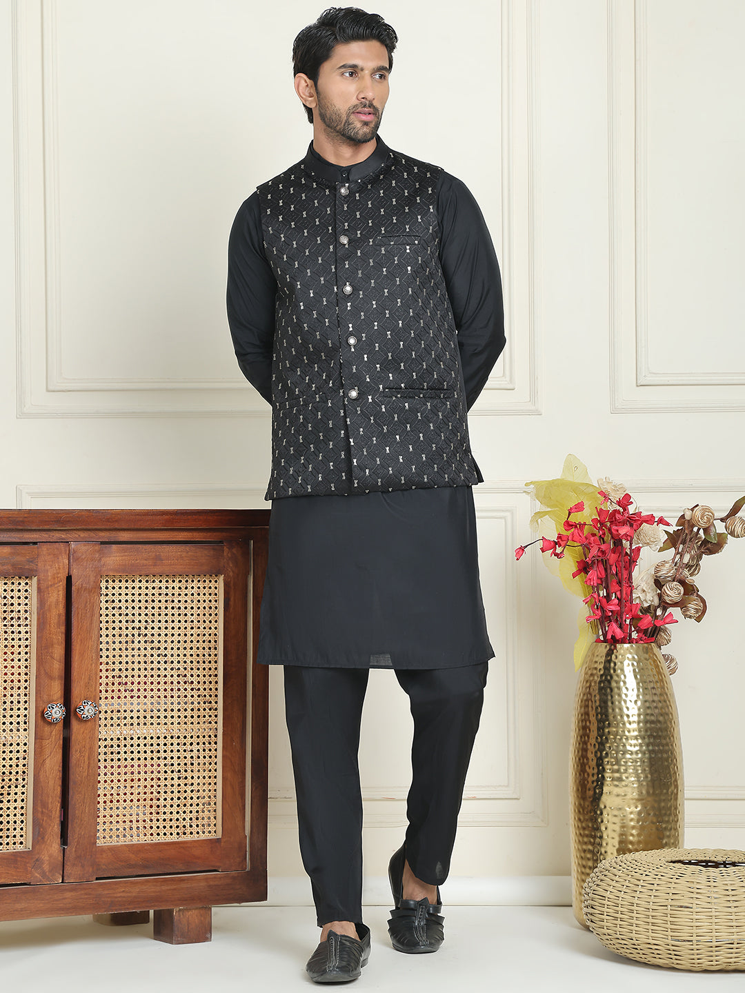 Embroidered Nehru Jacket With Solid Kurta Pyjama ( ANMKPWC 592B 7021Black  )
