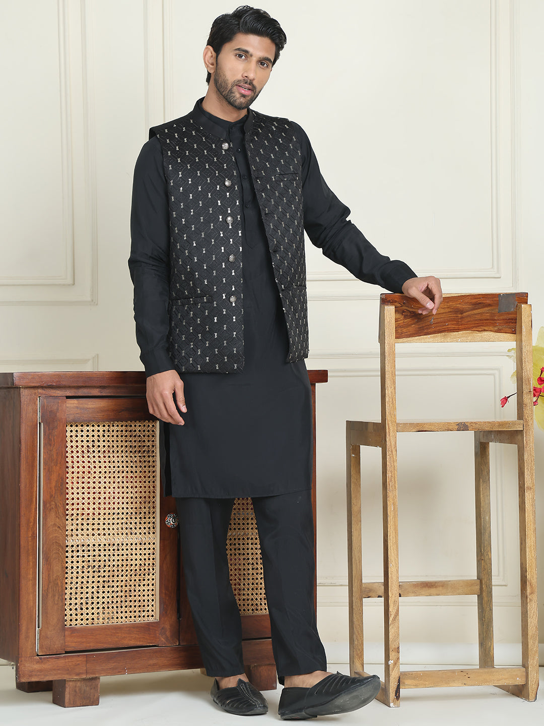 Embroidered Nehru Jacket With Solid Kurta Pyjama ( ANMKPWC 592B 7021Black  )