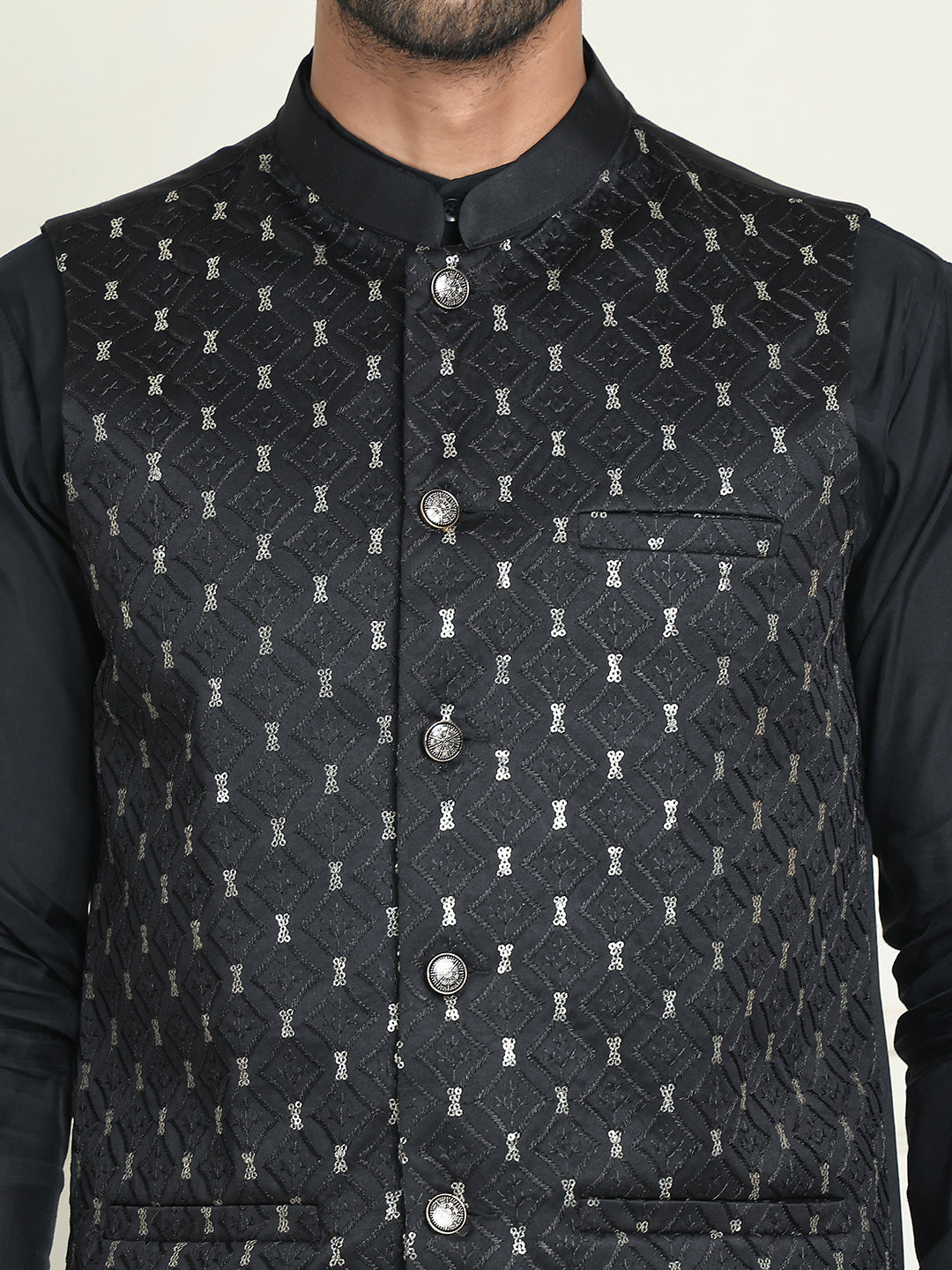 Embroidered Nehru Jacket With Solid Kurta Pyjama ( ANMKPWC 592B 7021Black  )
